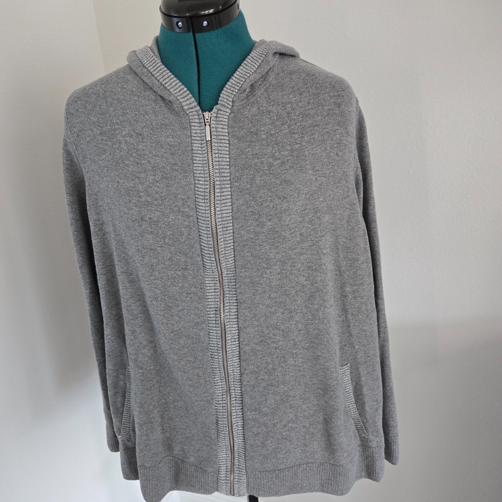 Weekends by Chicos Womens Gray Zip Up Hoodie Metallic Trim Sz 3 XL Hand Pockets